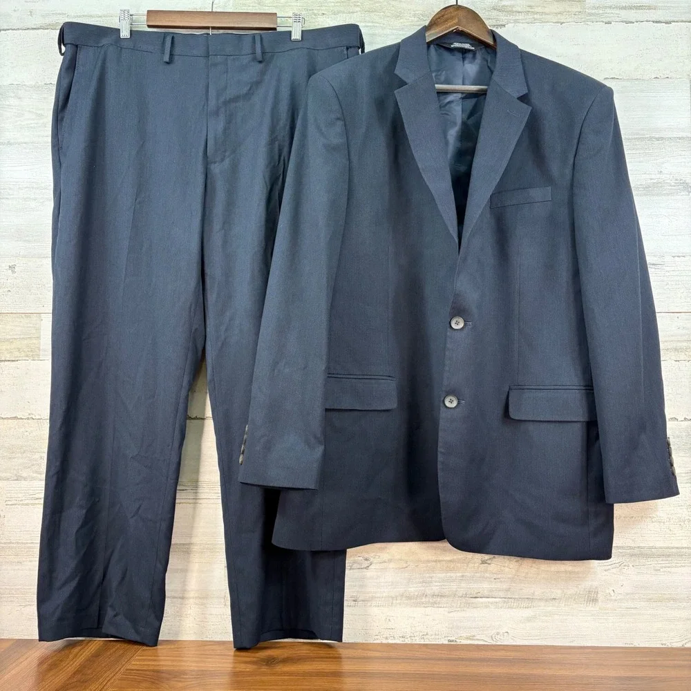 J.M.‎ Haggar Mens Navy Blue Classic Fit 2-Piece Suit Blazer Pants 48L 42x29